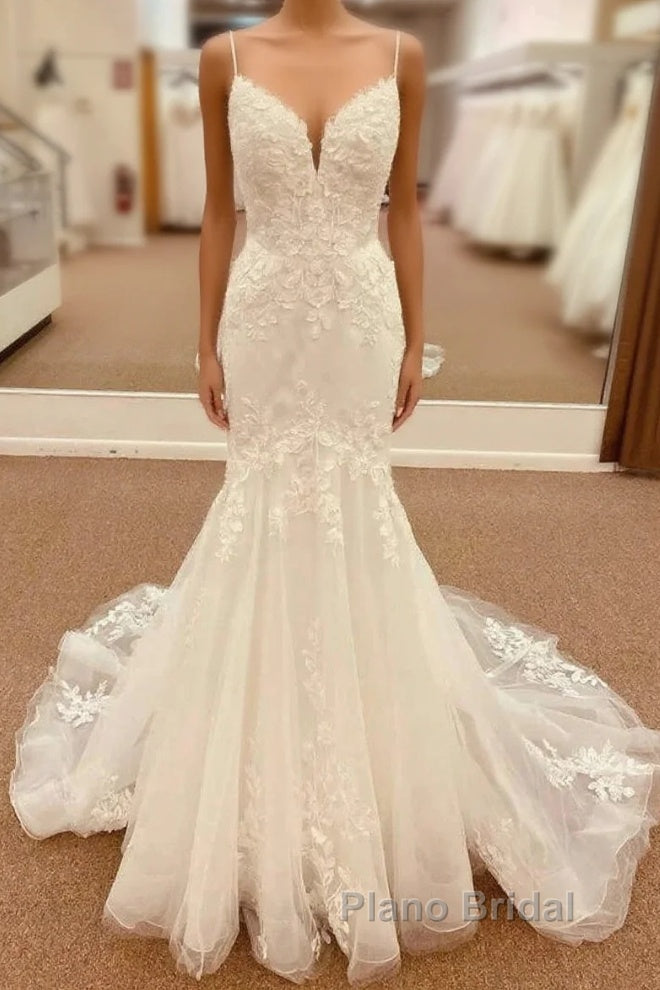 Lace Straps Backless Trumpet Long Wedding Dresses