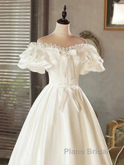 Lace Tea Length Bowknot White Satin Wedding Dresses