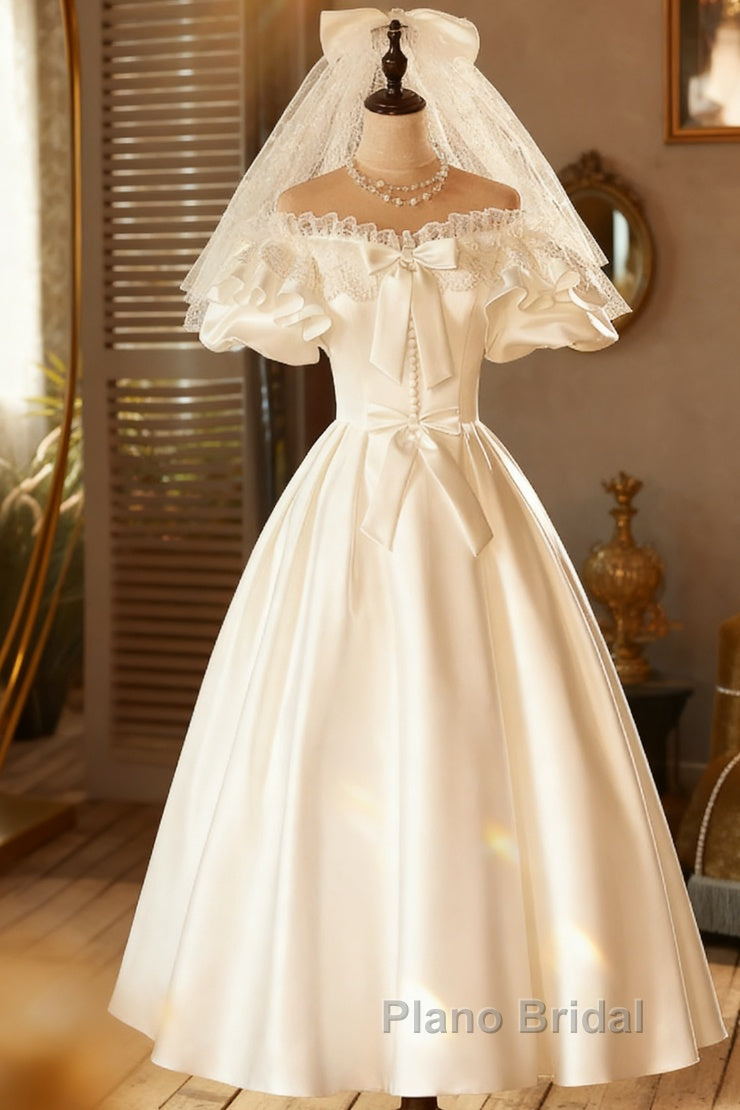 Lace Tea Length Bowknot White Satin Wedding Dresses Main image