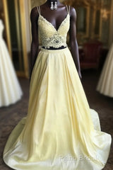 Lace Top Long Satin V Neck Two Pieces Yellow Formal Prom Dresses