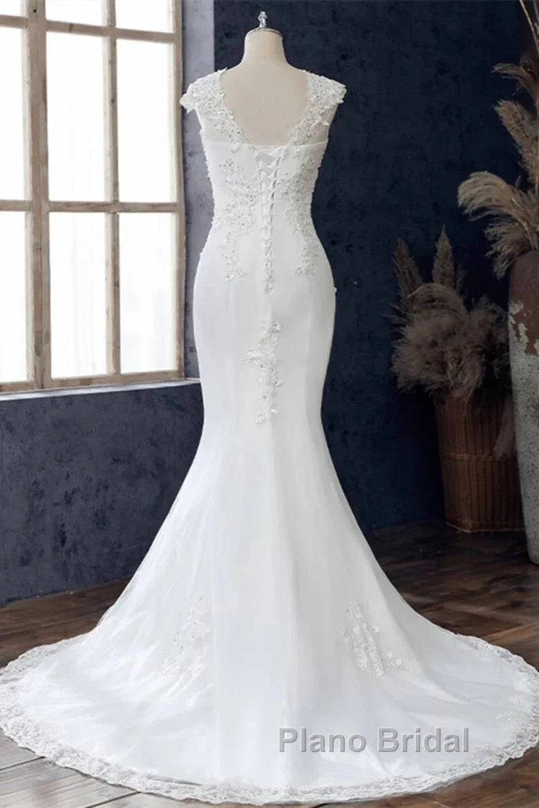 Lace V-Neck Cap Sleeve Trumpet Wedding Dresses