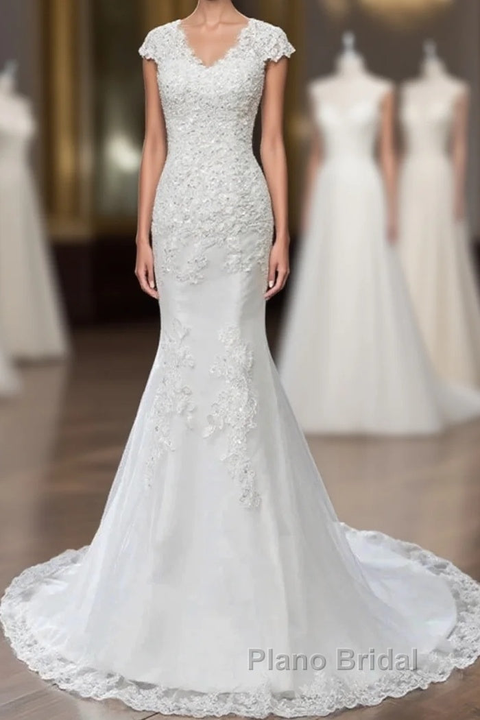 Lace V-Neck Cap Sleeve Trumpet Wedding Dresses Main image