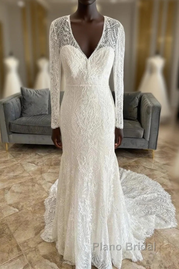 Lace V-Neck Lace-Up Back Long Sleeve Mermaid Wedding Dresses Main image