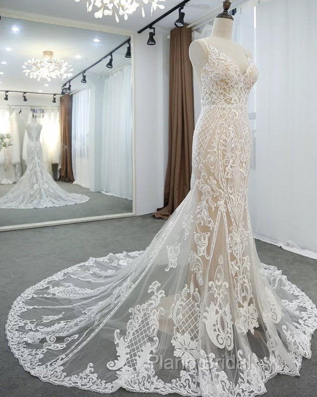 Lace V Neck Mermaid Wedding Dresses