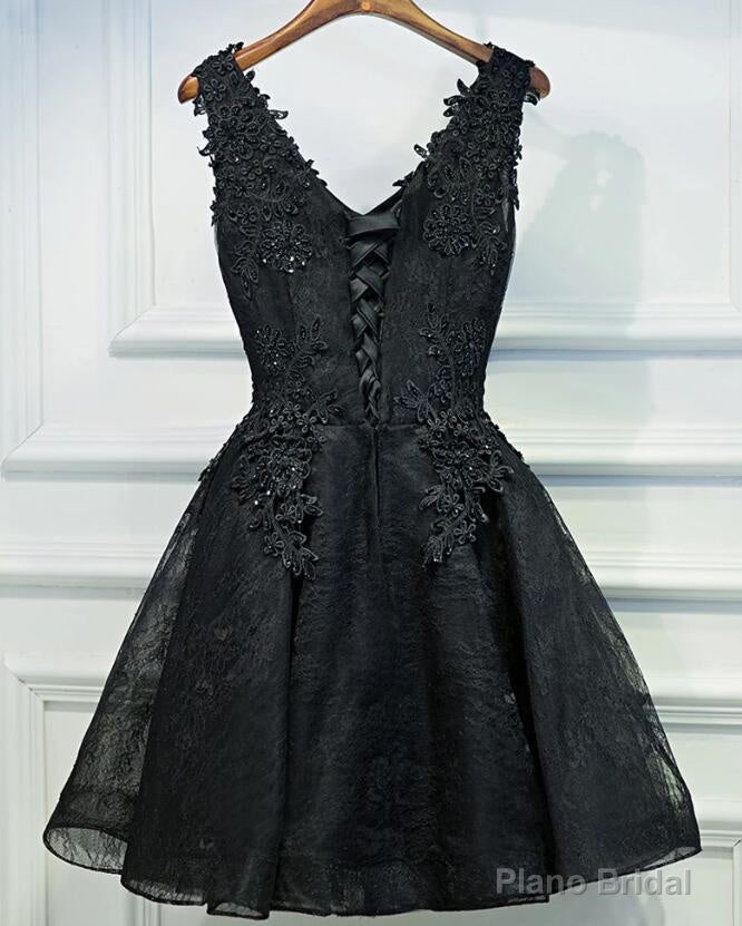 Lace V-neckline Short Black Lace Prom Dresses, Black Homecoming Dresses Main image