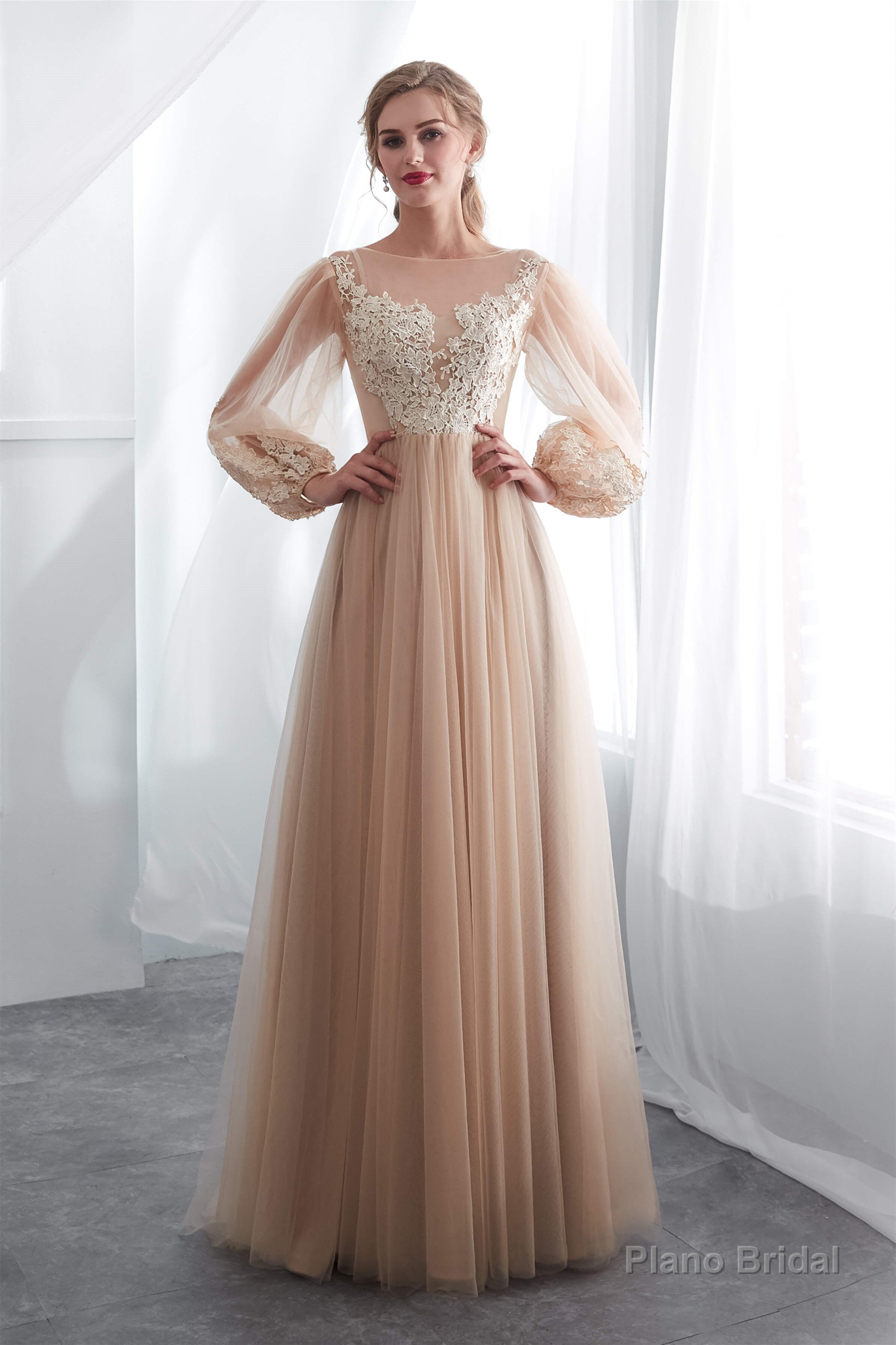 Lantern Sleeve Champagne Appliques Long Prom Dresses Main image