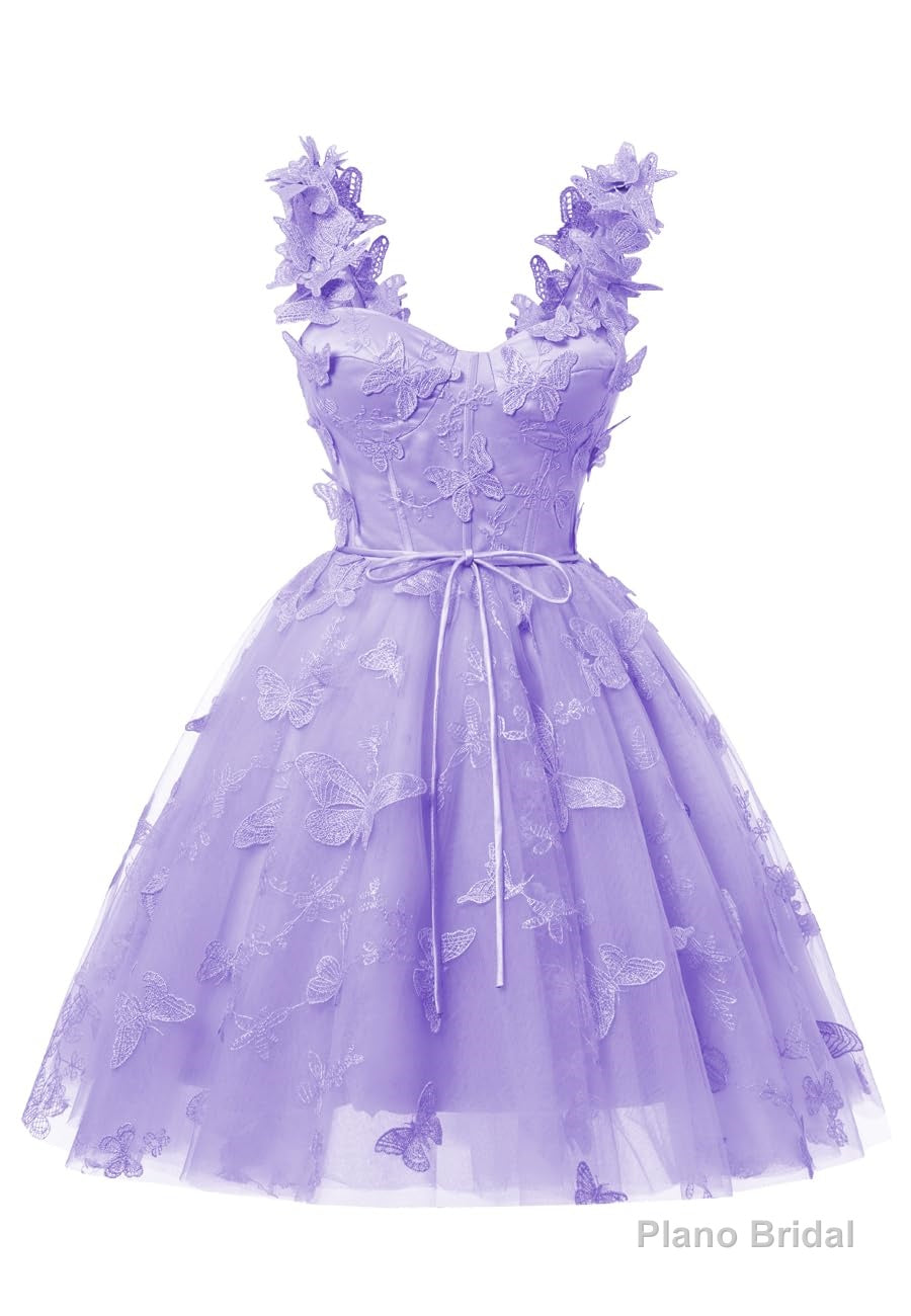 Lavender 3D Butterfly Lace Applique Tulle Homecoming Dress for Teens Sweetheart Mini Short Prom Dresses Main image