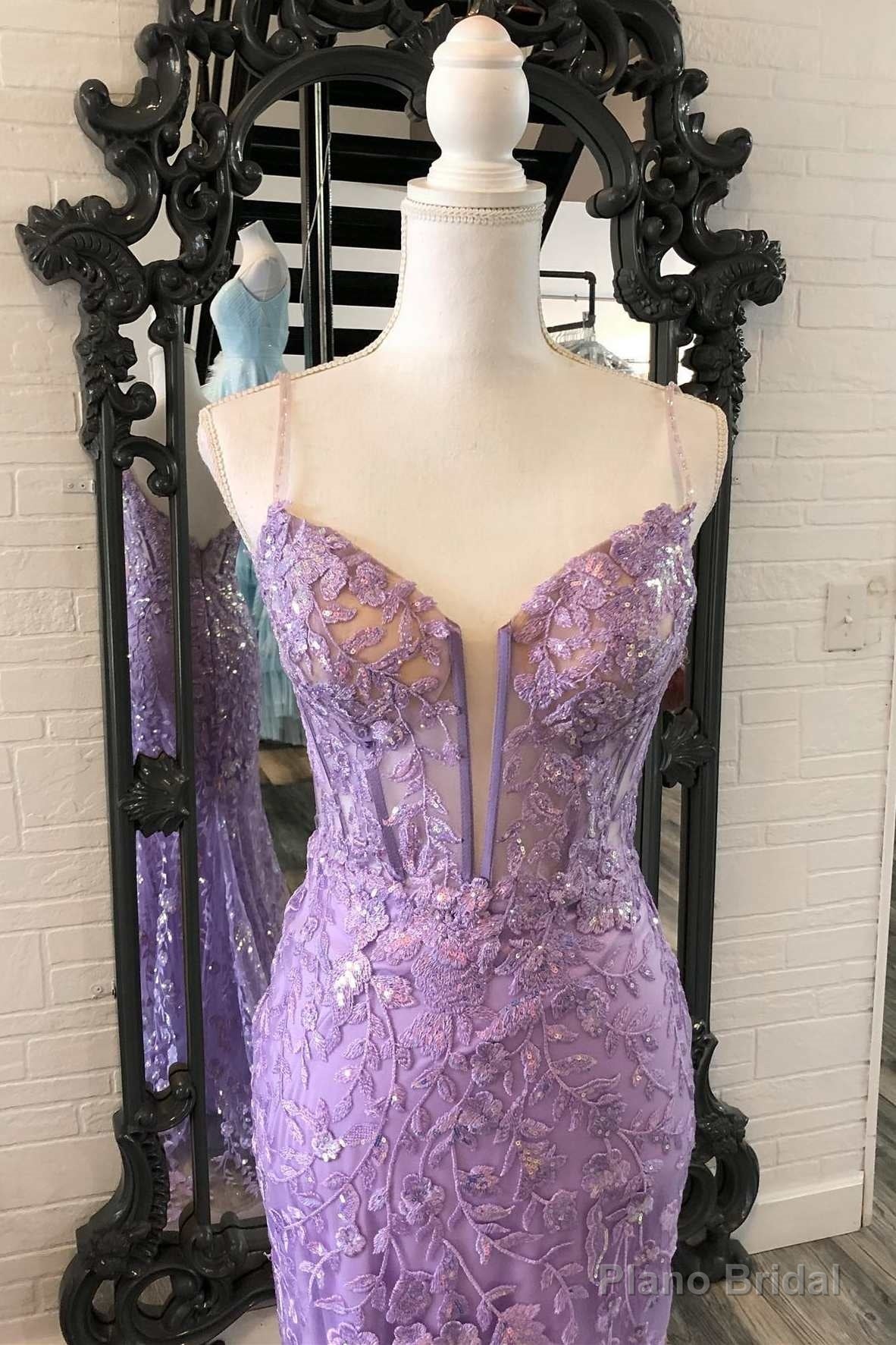 Lavender Floral Appliques Deep V Neck Mermaid Long Prom Dresses Gala Dress Formal Secondary image