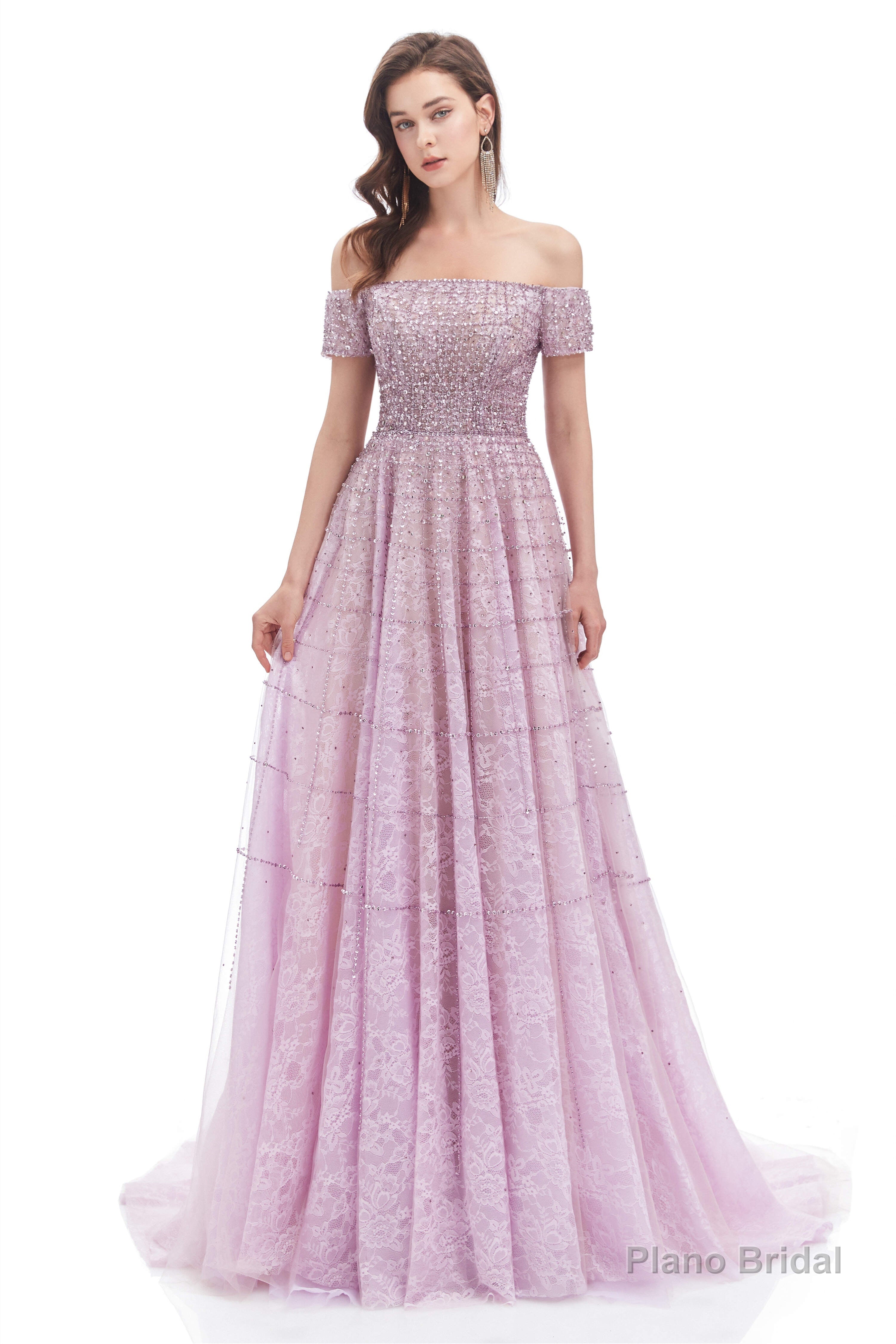 Lavender Lace Off the Shoulder Beaded Sequins Sweep-Train A-Line Prom Dresses Secondary image