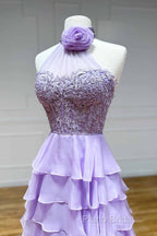 Lavender Long Tiered Violet Formal Prom Dresses Ruffle High Neck With 3D Flower