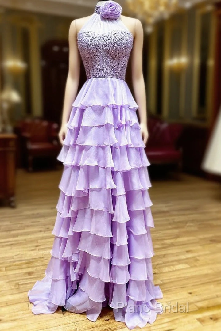 Lavender Long Tiered Violet Formal Prom Dresses Ruffle High Neck With 3D Flower Main image
