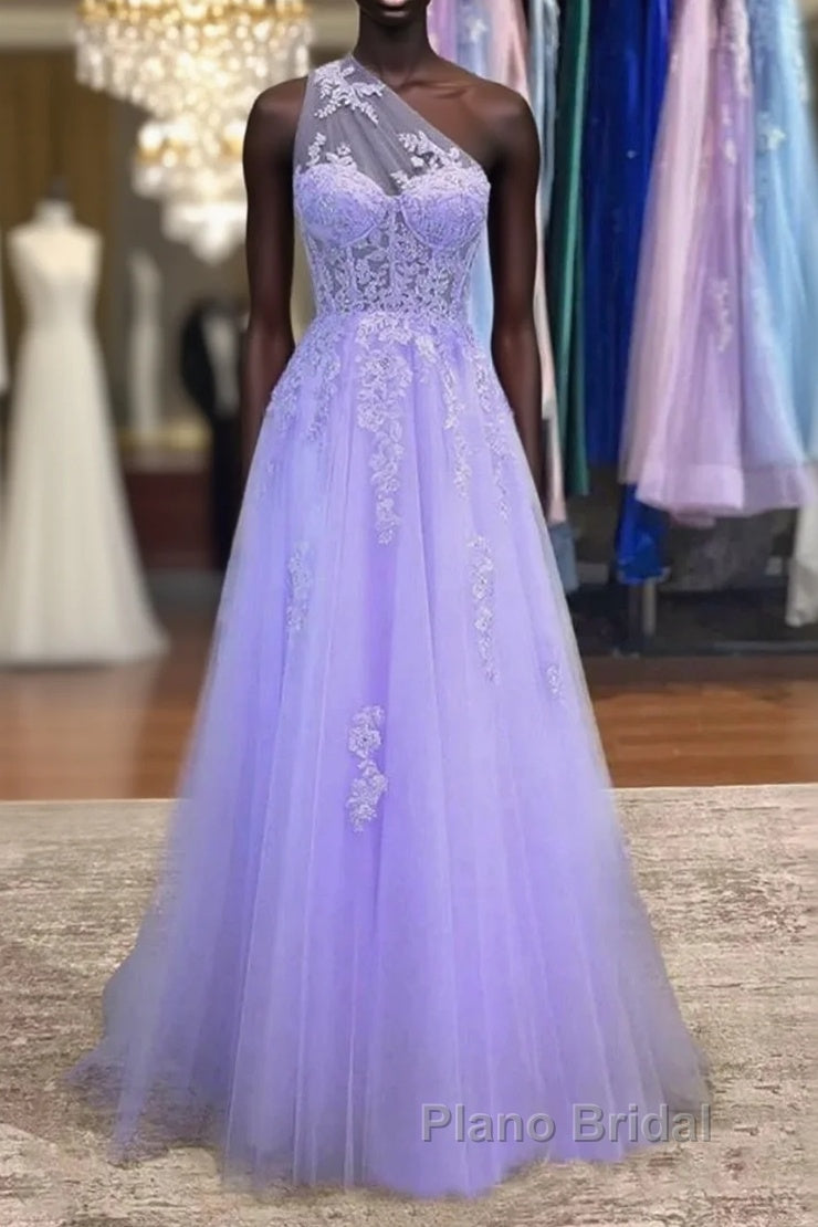 Lavender One Shoulder Appliques Lace Formal Prom Dresses