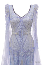 Lavender Prom Dresses Mermaid Heavily Beading Tulle Women Luxury Evening Dresses With Long Sleeves