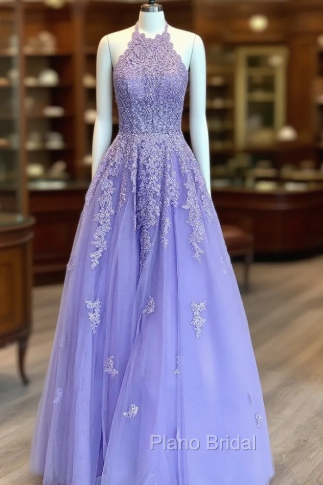 Lavender Formal Prom Dresses, Princess Halter Long/Floor-Length Lace Tulle Formal Prom Dresses With Appliqued Beading Main image