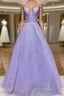 Lavender Sparkly Formal Prom Dresses V Neck Ball Gown