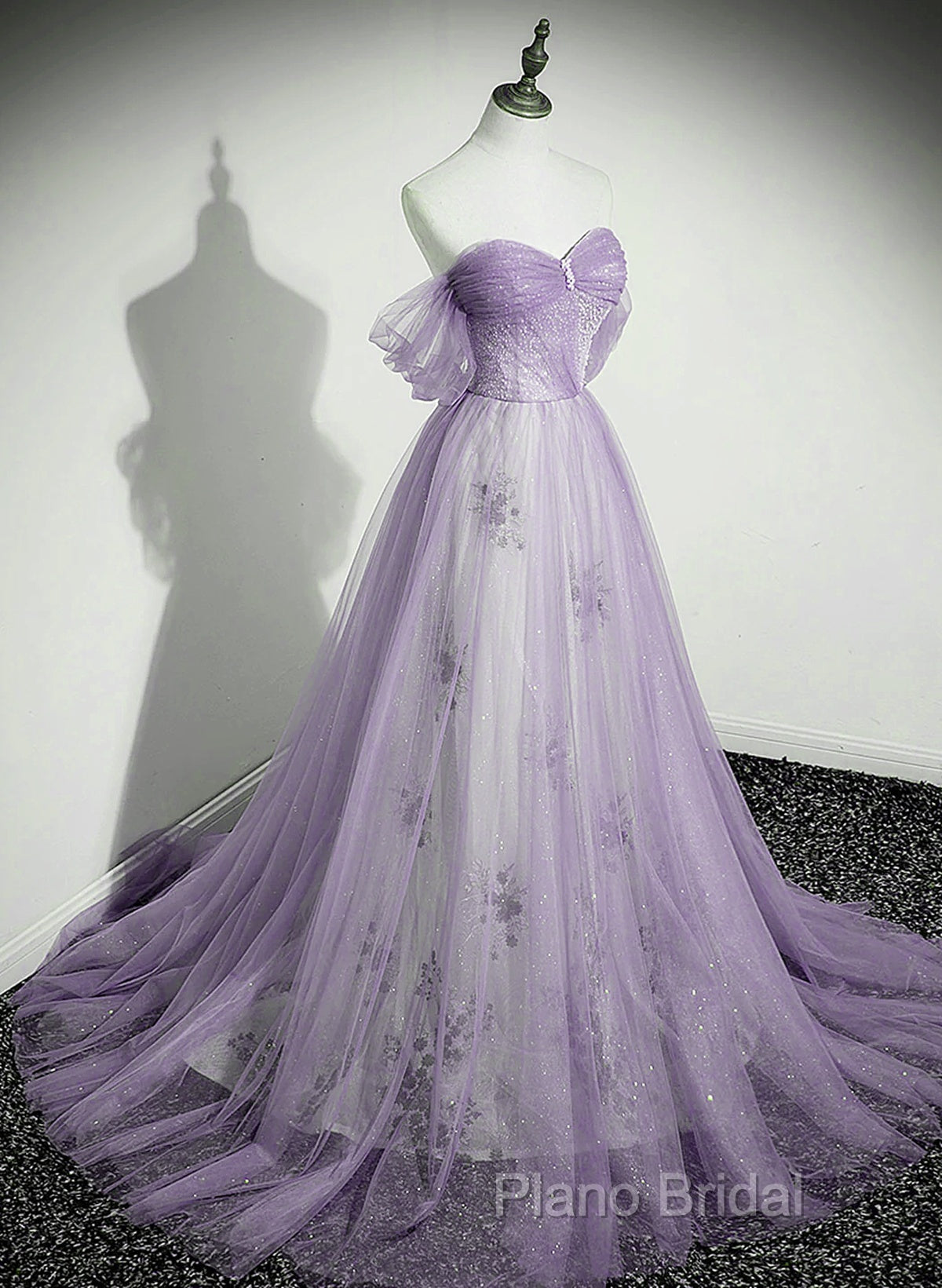 Lavender Tulle A-Line Beaded Off Shoulder Party Dresses, Lavender Long Formal Dresses