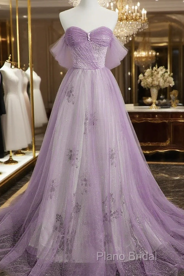 Lavender Tulle A-Line Beaded Off Shoulder Party Dresses, Lavender Long Formal Dresses Main image