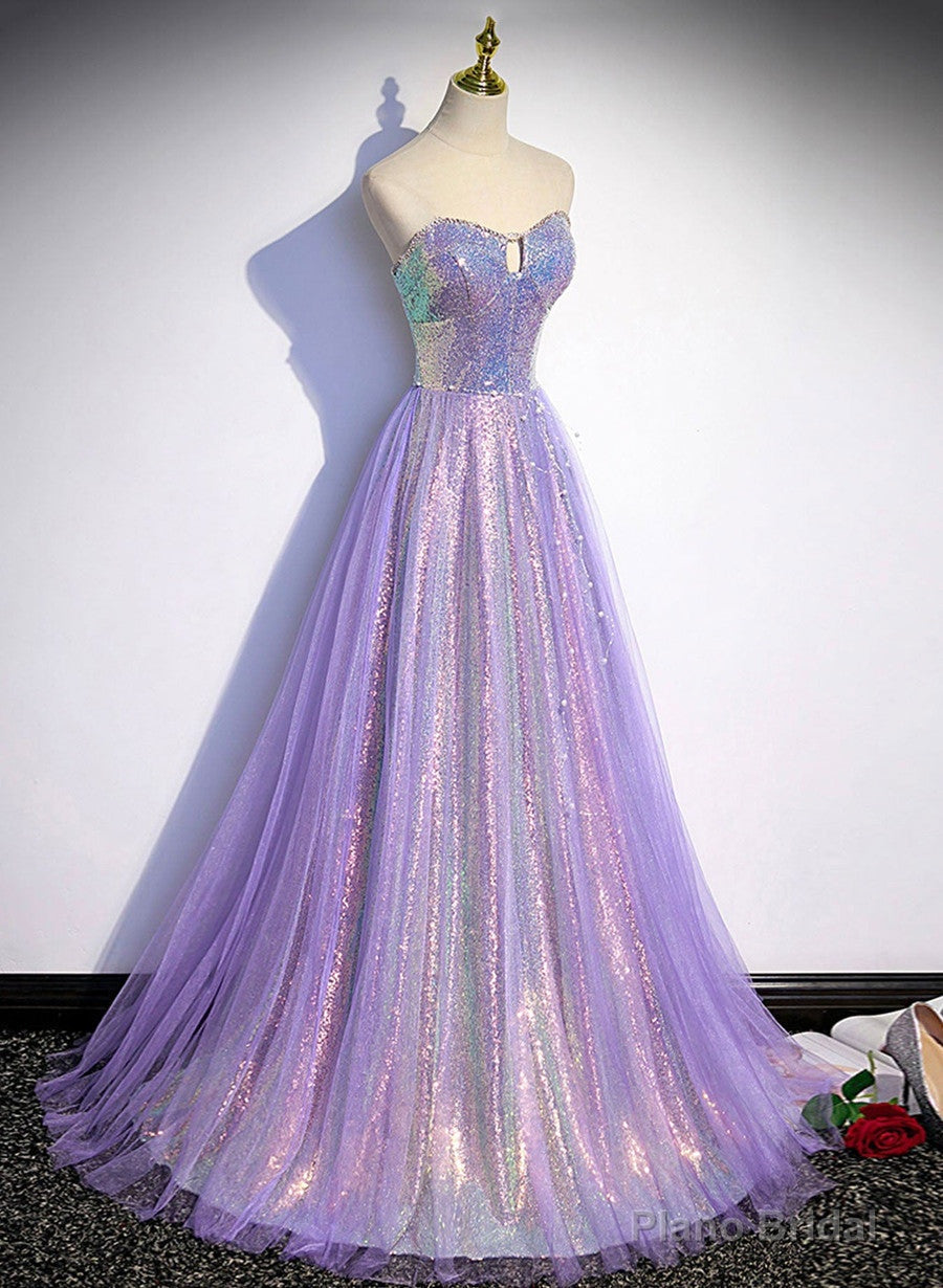 Lavender Tulle and Sequins Sweetheart Long Pary Dress, A-line Prom Dress Formal Dresses Main image