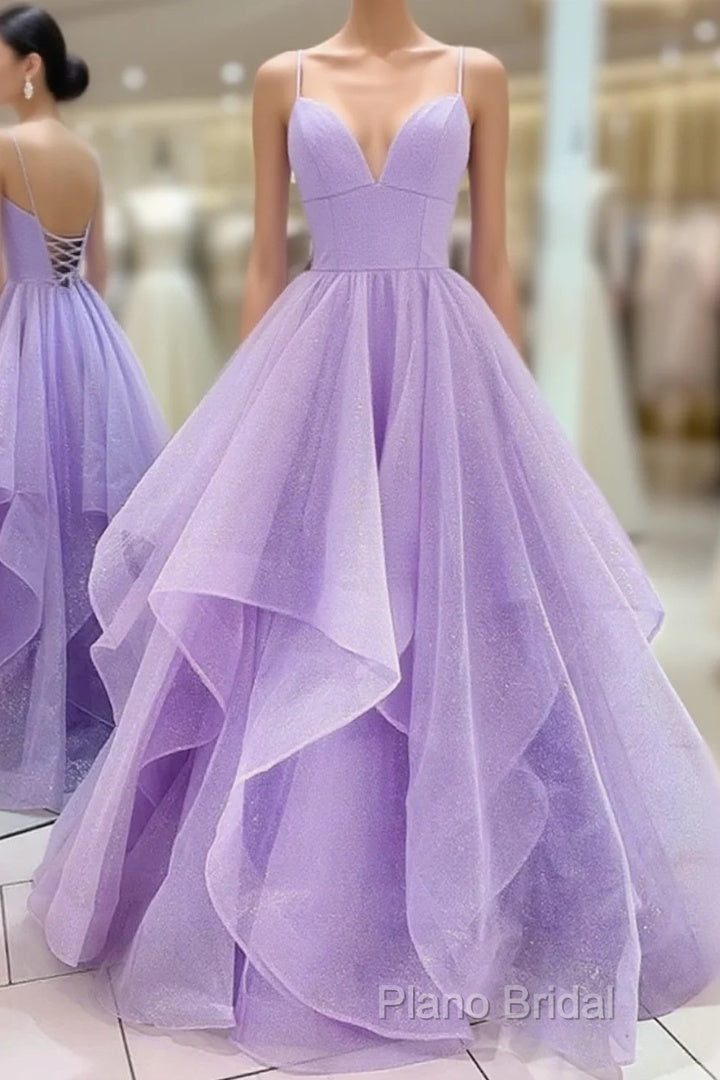 Lavender Tulle Long A-Line Formal Prom Dresses, Lavender Beautiful Spaghetti Strap Formal Dresses Main image