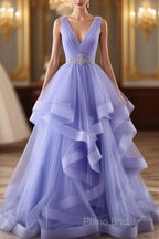 Lavender Tulle V-Neckline Layers Long Sweet 16 Dresses, Light Purple Formal Prom Dresses Party Dresses