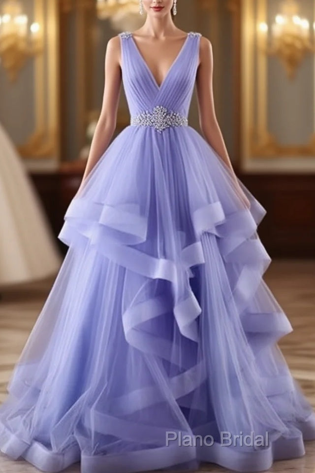 Lavender Tulle V-Neckline Layers Long Sweet 16 Dresses, Light Purple Formal Prom Dresses Party Dresses