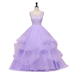 Lavender Tulle With Lace Ruffled Long Formal Gown, Ball Gown Sweet 16 Dresses