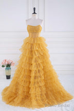 Layers Tulle Yellow Prom Dresses With Ruching Bodice