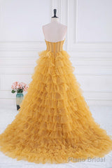 Layers Tulle Yellow Prom Dresses With Ruching Bodice