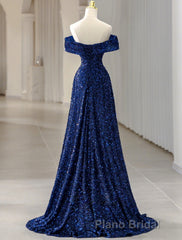 A-Line Evening Gown Elegant Dresses Formal Wedding Guest Sweep / Brush Train Sleeveless Off Shoulder Sequined with Glitter Sequin Masquerade Dresses