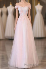 Light Pink Lace Off Shoulder Lonng Formal Prom Dresses, Pink Evening Dresses