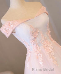 Light Pink Lace Off Shoulder Lonng Formal Prom Dresses, Pink Evening Dresses