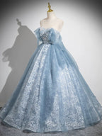 Light Blue A-Line Lace And Tulle Long Party Dresses, Blue Round Neckline Formal Prom Dresses