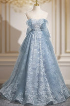 Light Blue A-Line Lace And Tulle Long Party Dresses, Blue Round Neckline Formal Prom Dresses