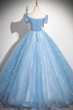 Light Blue A-Line Off Shoulder Tulle Sequins Long Formal Prom Dresses Evening Dresses