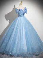 Light Blue A-Line Off Shoulder Tulle Sequins Long Formal Prom Dresses Evening Dresses