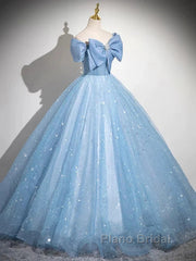 Light Blue A-Line Off Shoulder Tulle Sequins Long Formal Prom Dresses Evening Dresses