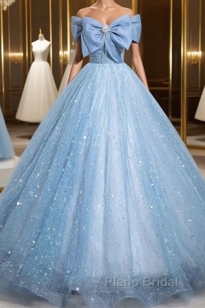 Light Blue A-Line Off Shoulder Tulle Sequins Long Formal Prom Dresses Evening Dresses Main image