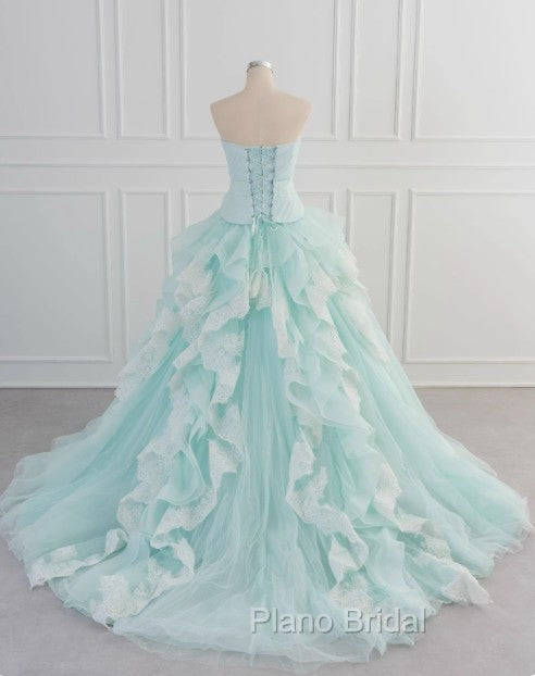 Light Blue A-Line Strapless Tulle Lace Long Formal Prom Dresses Vintage Wedding Dresses