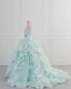 Light Blue A-Line Strapless Tulle Lace Long Formal Prom Dresses Vintage Wedding Dresses