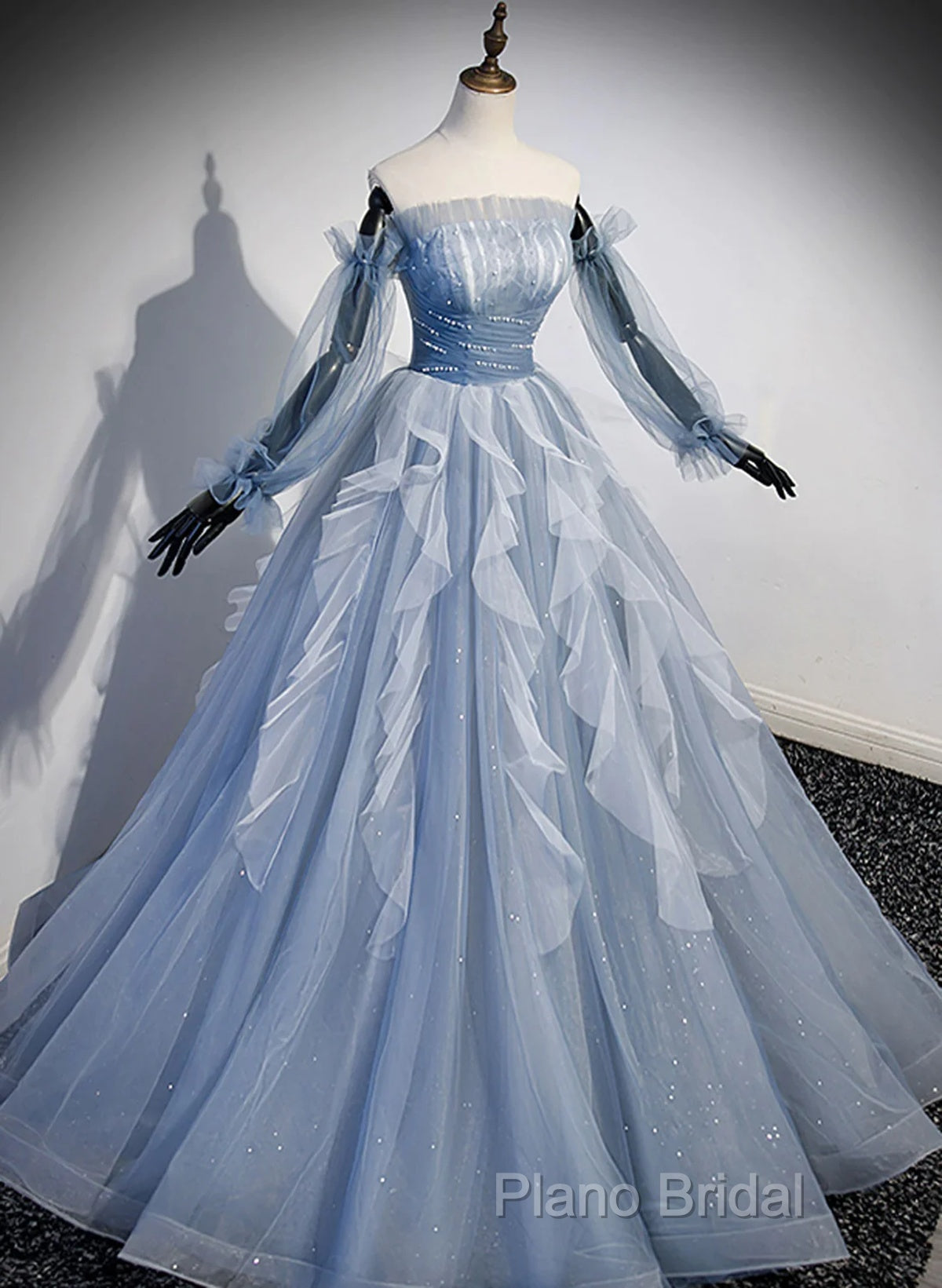 Light Blue Ball Gown Long Sleeves Beaded Party Dresses, Light Blue Formal Prom Dresses Secondary image
