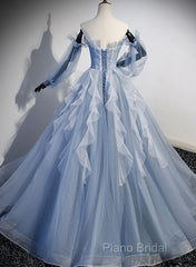 Light Blue Ball Gown Long Sleeves Beaded Party Dresses, Light Blue Formal Prom Dresses