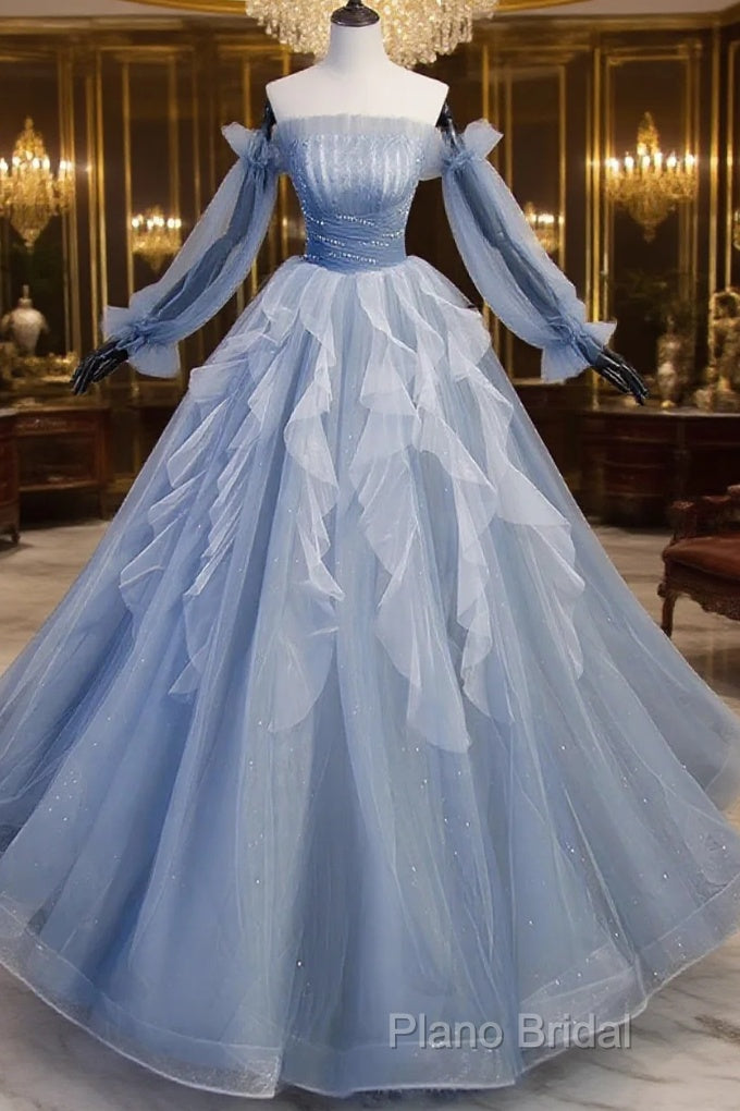 Light Blue Ball Gown Long Sleeves Beaded Party Dresses, Light Blue Formal Prom Dresses Main image