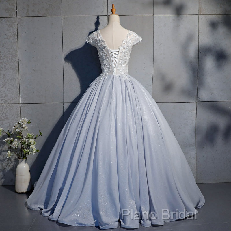 Light Blue Cap Sleeves Lace Top Ball Gown Sweet 16 Gown, Light Blue Formal Prom Dresses Formal Dresses