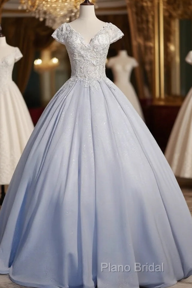 Light Blue Cap Sleeves Lace Top Ball Gown Sweet 16 Gown, Light Blue Formal Prom Dresses Formal Dresses Main image