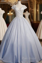 Light Blue Cap Sleeves Lace Top Ball Gown Sweet 16 Gown, Light Blue Formal Prom Dresses Formal Dresses