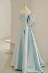Light Blue Chic Satin Off Shoulder Long Party Dresses, A-Line Light Blue Formal Dresses