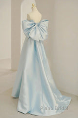 Light Blue Chic Satin Off Shoulder Long Party Dresses, A-Line Light Blue Formal Dresses