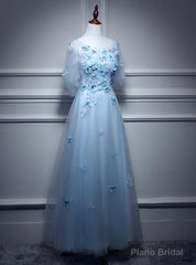 Light Blue Flowers Long Party Dress, A-line Tulle Party Dress Evening Dress