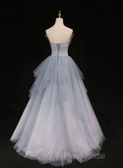 Light Blue Gradient Tulle With Beaded Long Formal Dresses, Light Blue Long Formal Prom Dresses