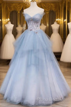 Light Blue Gradient Tulle With Beaded Long Formal Dresses, Light Blue Long Formal Prom Dresses